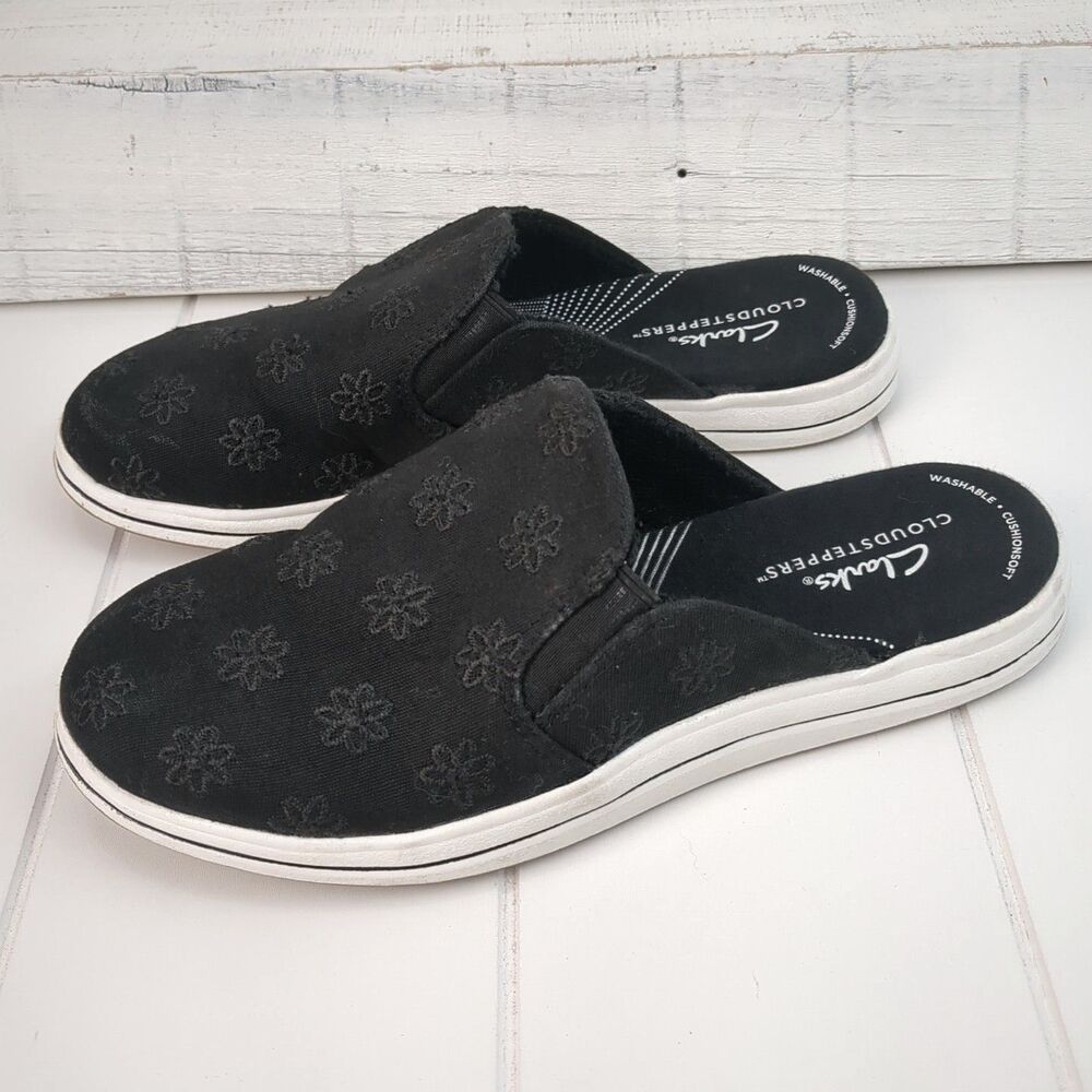 Clarks Cloudsteppers Canvas Slip-on Mules Breeze Shore Black Floral Women's Sz 6